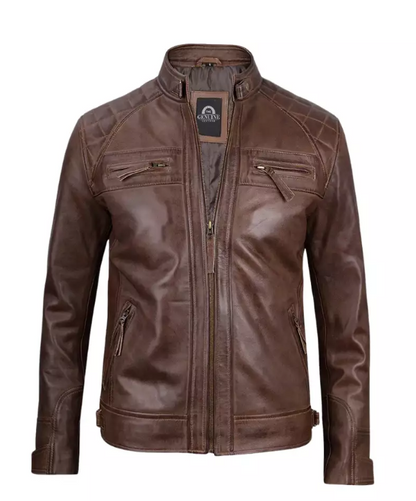 Men Cafe Racer Blue Leather Jacket