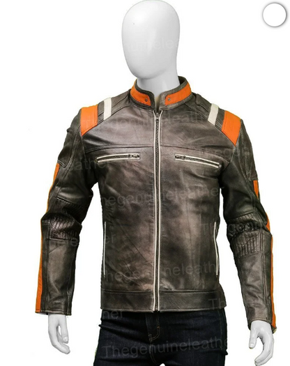 Men Cafe Racer Skull Biker Leather Jacket