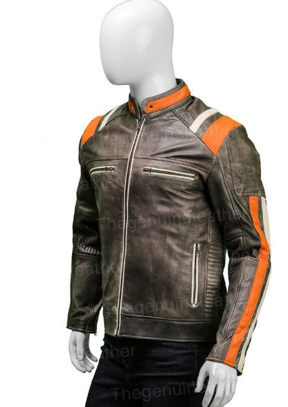 Men Cafe Racer Skull Biker Leather Jacket
