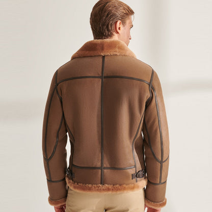 Men’s Camel Brown B3 Shearling Pilot Aviator Leather Jacket