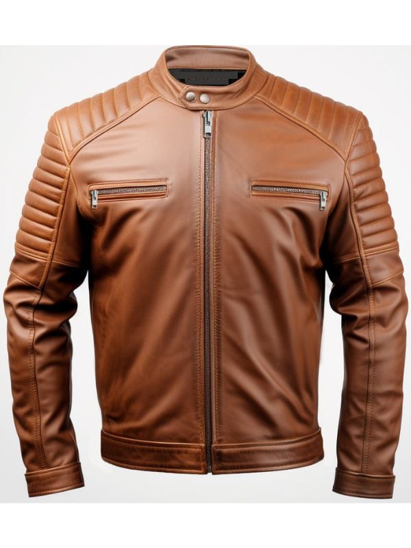 Men Classic Swiss Brown Cafe Racer Leather Jacket