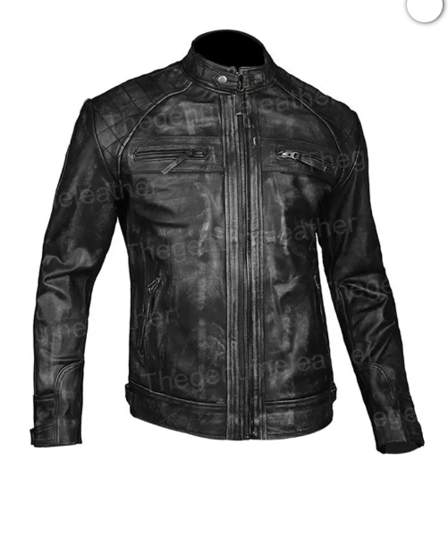 Men's Distressed Shoulder Leather Jacket front view