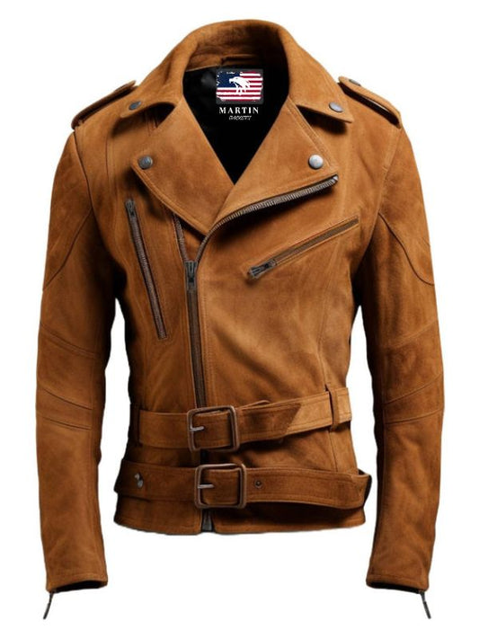 Men Double Belted Suede Leather Jacket
