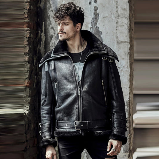 Men’s Double Collar Black B3 Flight Airforce Shearling Aviator Sheepskin Leather Jacket