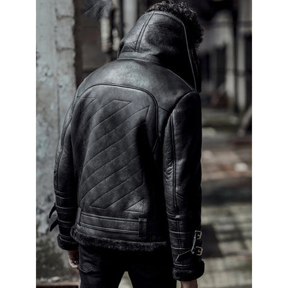 Men’s Double Collar Black B3 Flight Airforce Shearling Aviator Sheepskin Leather Jacket
