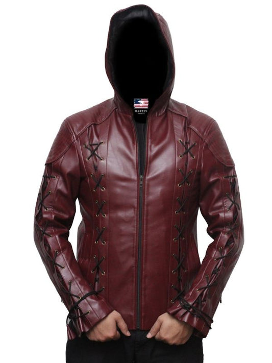 Men Faux Leather Motorcycle Hooded Jacket - Maroon