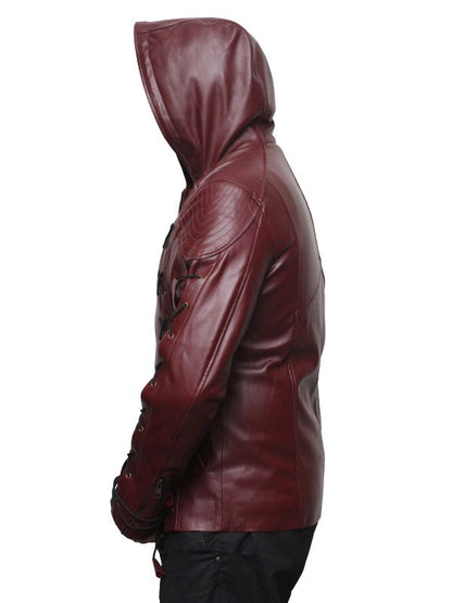 Men Faux Leather Motorcycle Hooded Jacket - Maroon