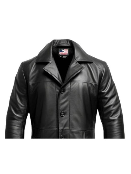 Men Flap Pockets Black Leather Coat