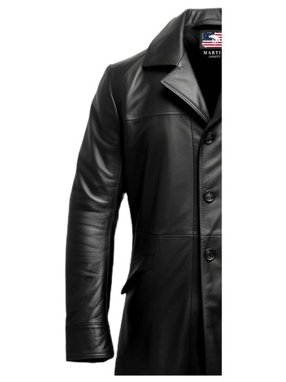 Men Flap Pockets Black Leather Coat