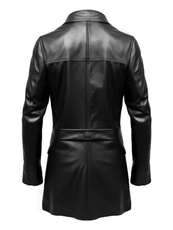 Men Flap Pockets Black Leather Coat