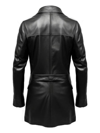 Men Flap Pockets Black Leather Coat