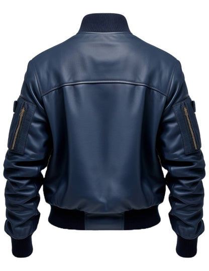 Men Flight Bomber Blue Leather Jacket - Bomber Leather Jacket