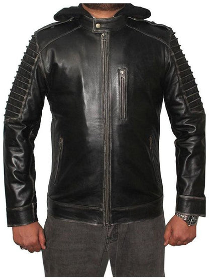 Men Hooded Distressed Ghost Leather Jacket - Black