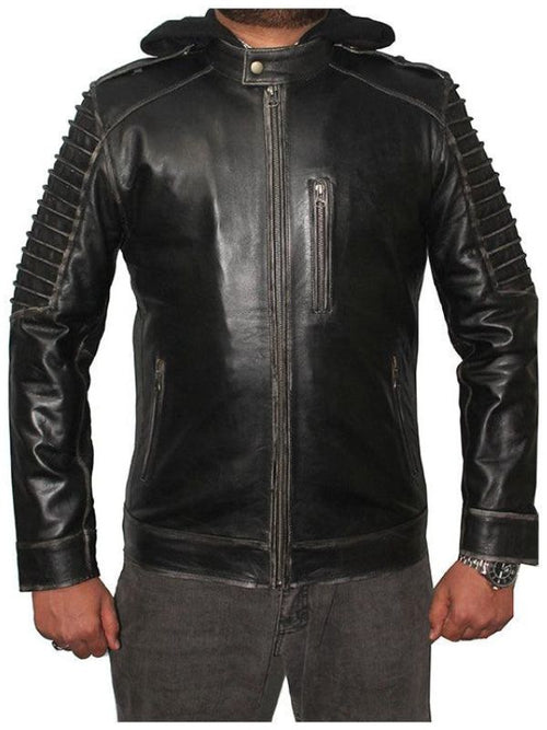 Men Hooded Distressed Ghost Leather Jacket - Black