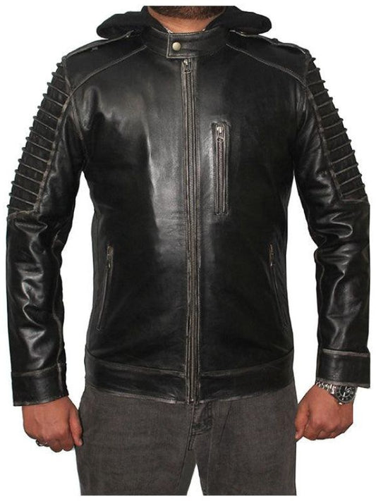 Men Hooded Distressed Ghost Leather Jacket - Black