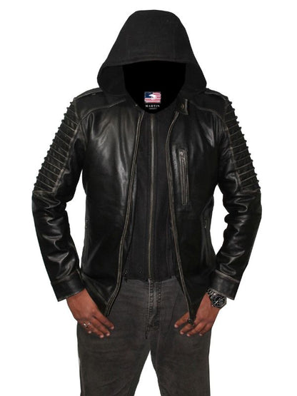 Men Hooded Distressed Ghost Leather Jacket - Black