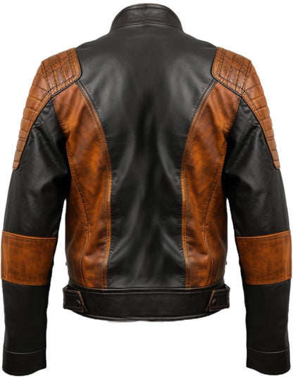 Men Leather Jacket- Orange Black Waxed