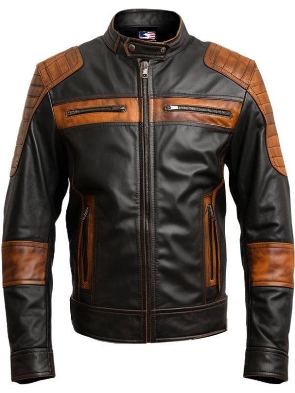 Men Leather Jacket- Orange Black Waxed
