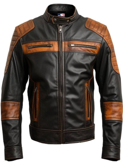 Men Leather Jacket- Orange Black Waxed