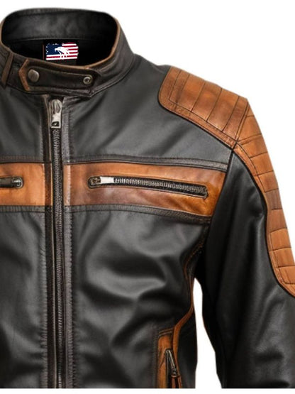Men Leather Jacket- Orange Black Waxed