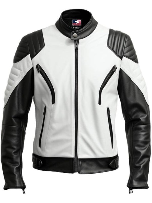 Men Leather Jacket- White and Black Leather Jacket Biker Style