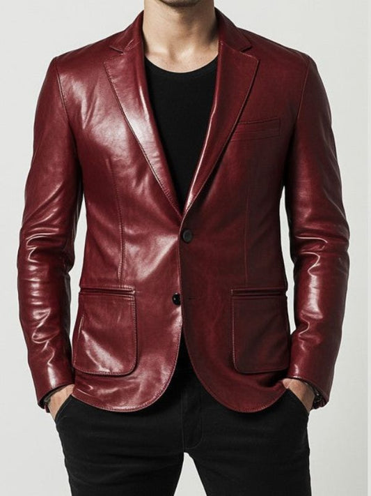 Men Maroon Premium Leather Blazer - Maroon Leather Jacket