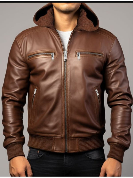 Men Michael Clark Brown Leather Hooded Jacket