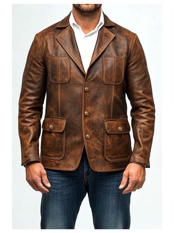 Men Premium Brown Distressed Leather Blazer - Brown Leather Jacket