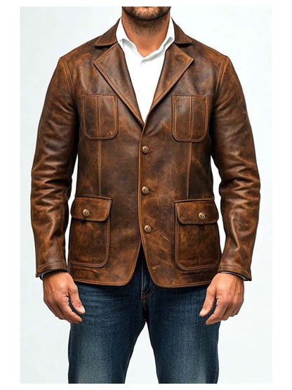 Men Premium Brown Distressed Leather Blazer - Brown Leather Jacket