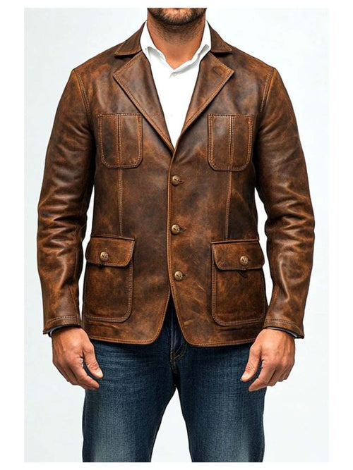 Men Premium Brown Distressed Leather Blazer - Brown Leather Jacket