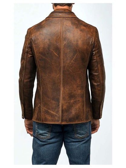Men Premium Brown Distressed Leather Blazer - Brown Leather Jacket