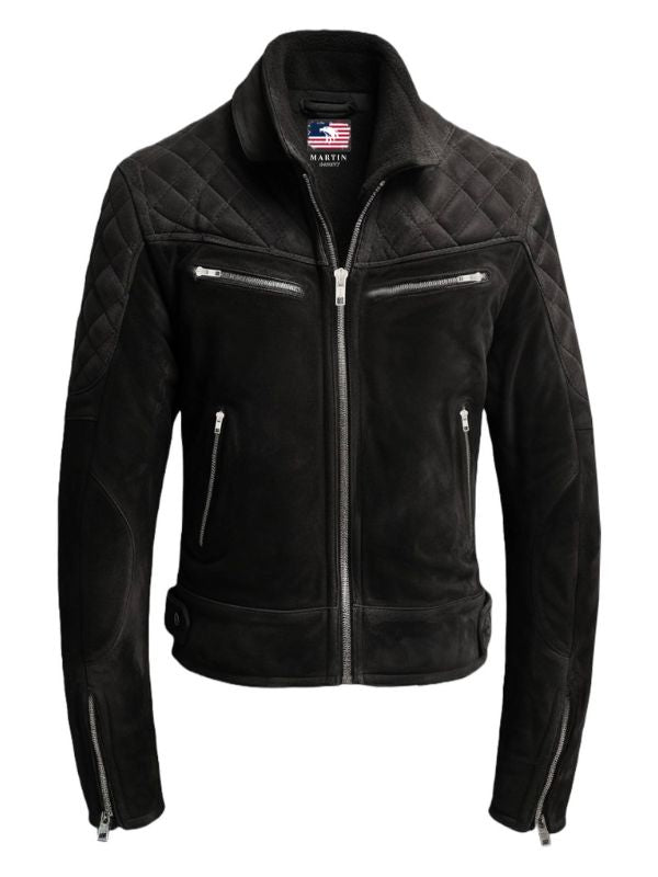 Men Quilted Biker Black Suede Leather Jacket