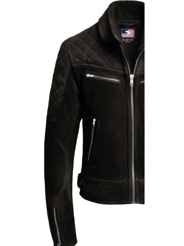 Men Quilted Biker Black Suede Leather Jacket