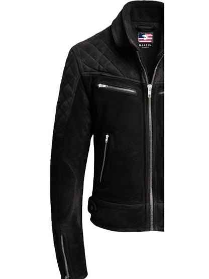 Men Quilted Biker Black Suede Leather Jacket