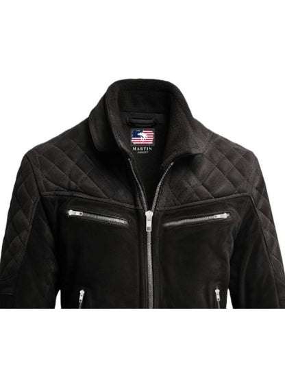 Men Quilted Biker Black Suede Leather Jacket