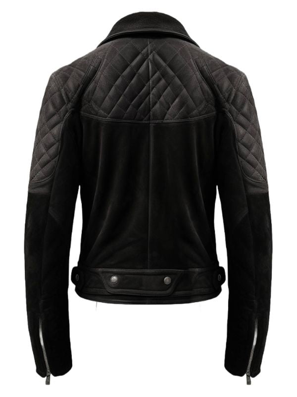 Men Quilted Biker Black Suede Leather Jacket