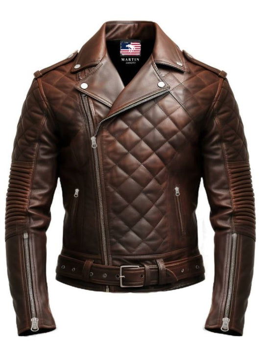 Men Quilted Biker Brown Leather Jacket