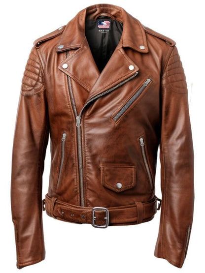 Men Real Leather Brown Biker Jacket