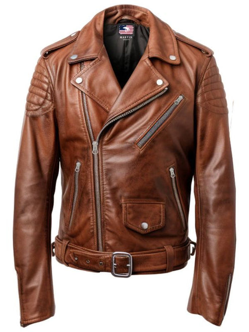 Men Real Leather Brown Biker Jacket
