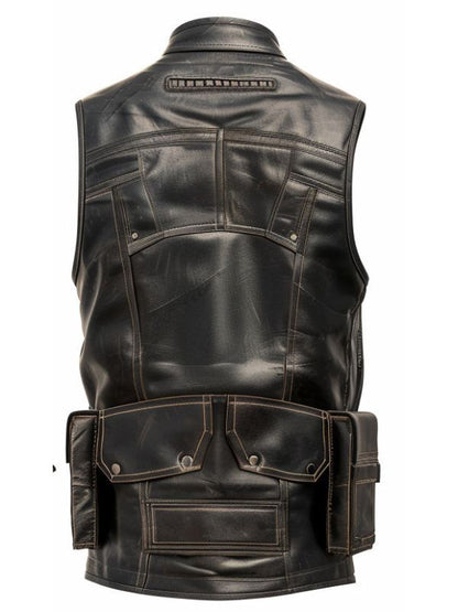 Men Rub off Military Leather Vest