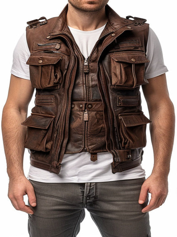 Men Rub off Military Leather Vest