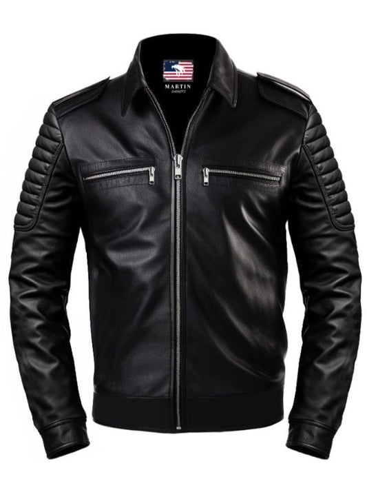 Men Slim-fit Rider Black Leather Flap Pocket Jacket