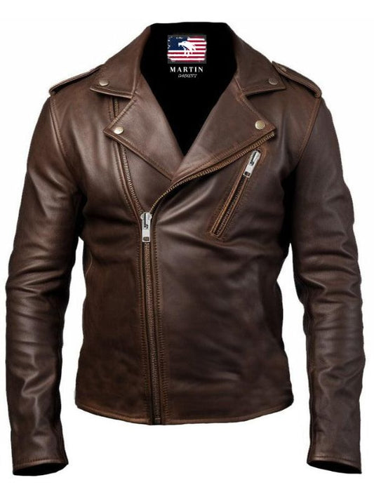 Men Slimfit Rider Brown Leather Jacket
