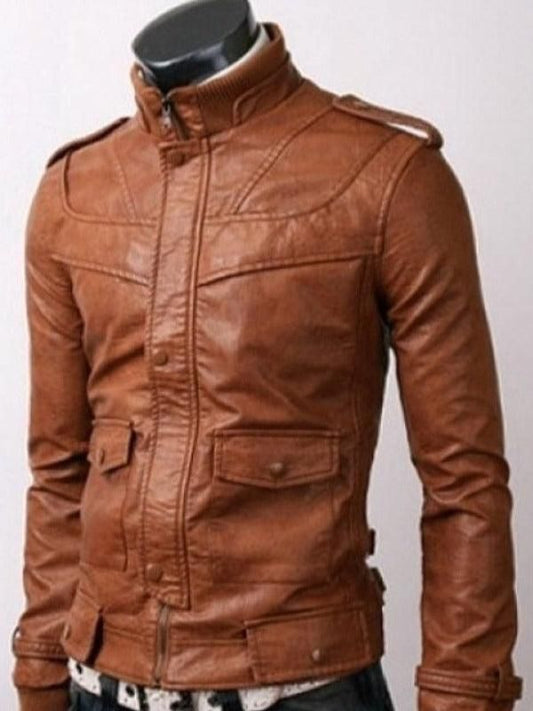 Men Slimfit Stylish Tan Brown Leather Jacket