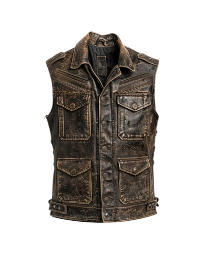Men Strap Pockets Distressed Brown Leather Vest