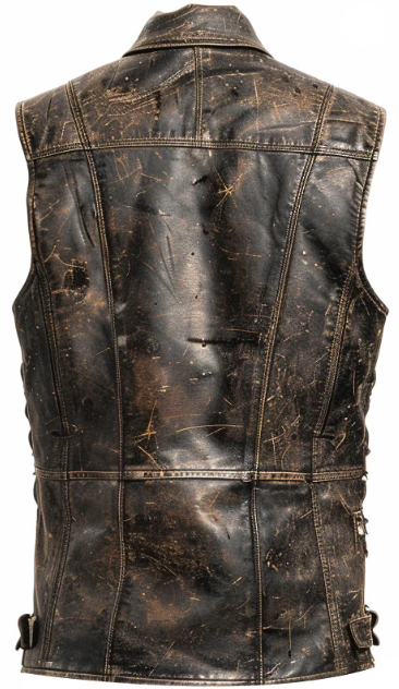 Men Strap Pockets Distressed Brown Leather Vest