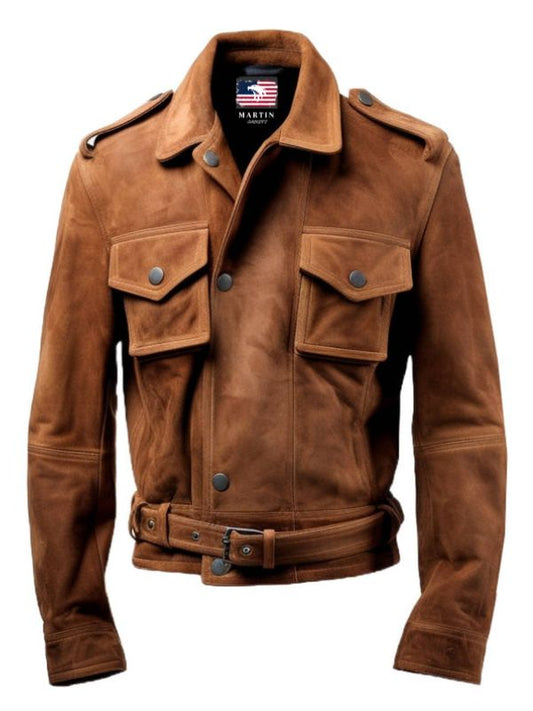 Men Strap Pockets Suede Leather Jacket