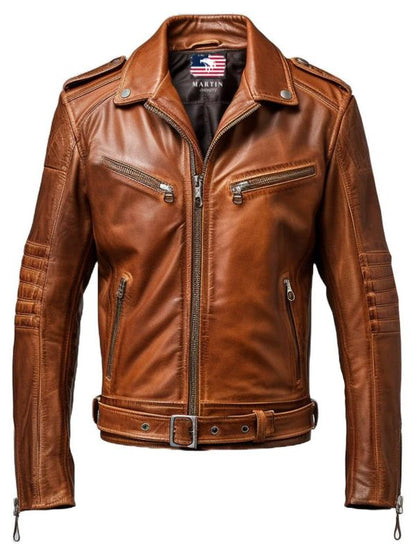 Men Stylish Belted Brown Vintage Leather Biker Jacket