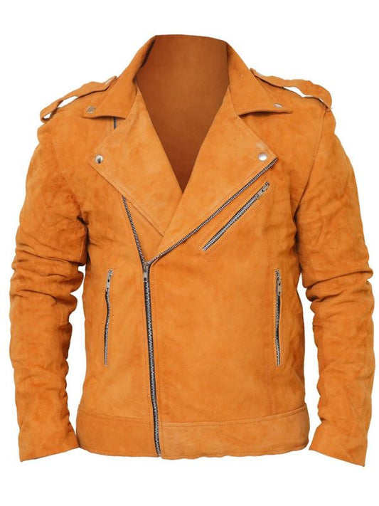 Men Suede Leather Camel Color Biker Leather Jacket