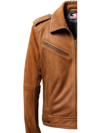 Men Suede Leather Jacket - Suede Leather Jacket Camel Brown